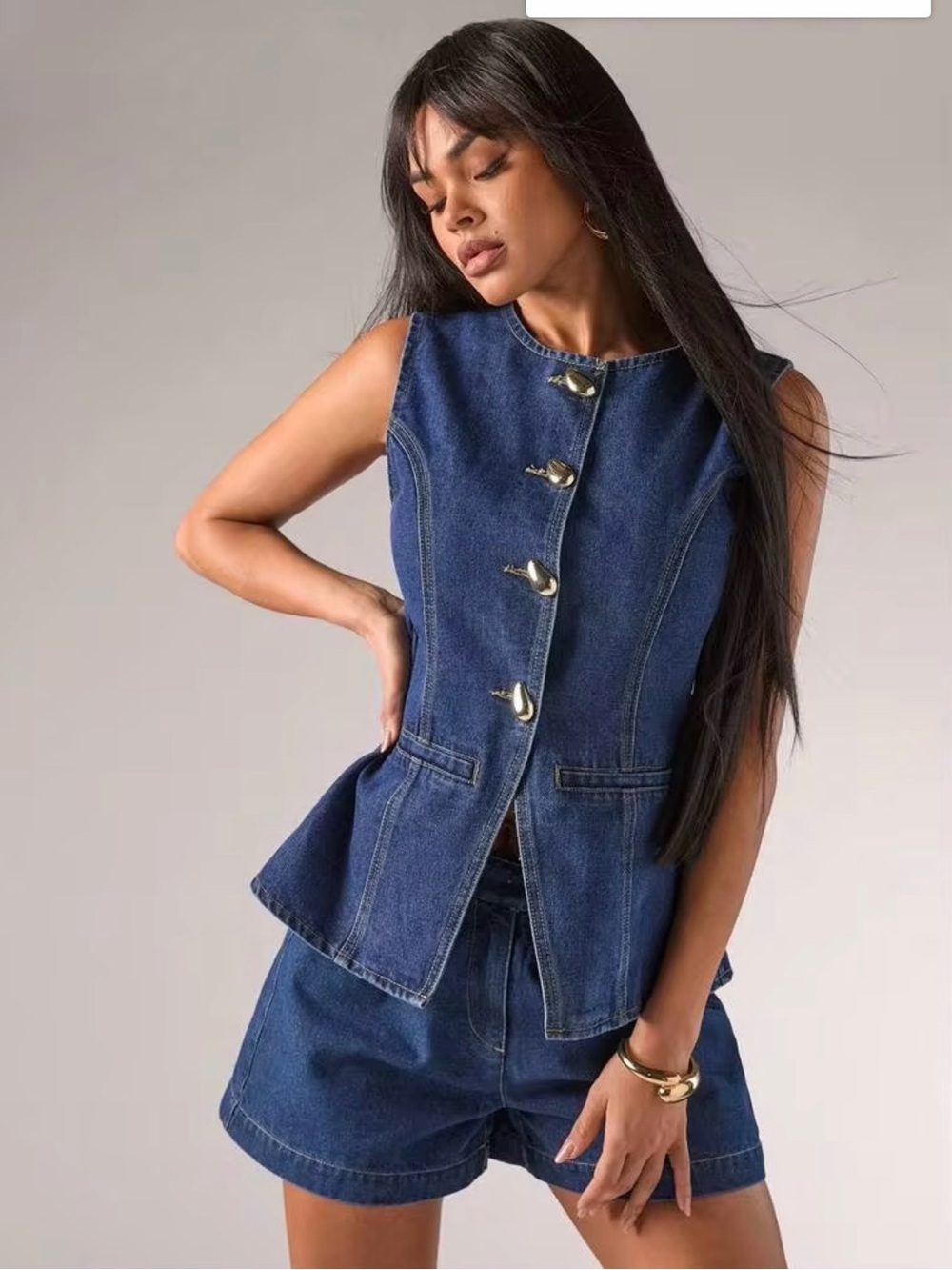 SHEIN Dark Blue Denim Button-Front Peplum Vest